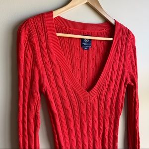 American Eagle Red Cable Knit V-Neck Sweater
